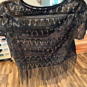 Black Fringe Crop Top 🖤 Festival Ready | Aztec Pattern | Size S